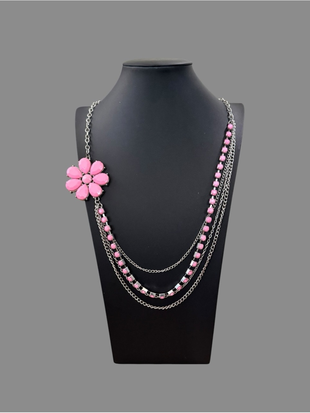 Y2K Pink Flower Statement Necklace Silver Tone Layered Chain 17.5”